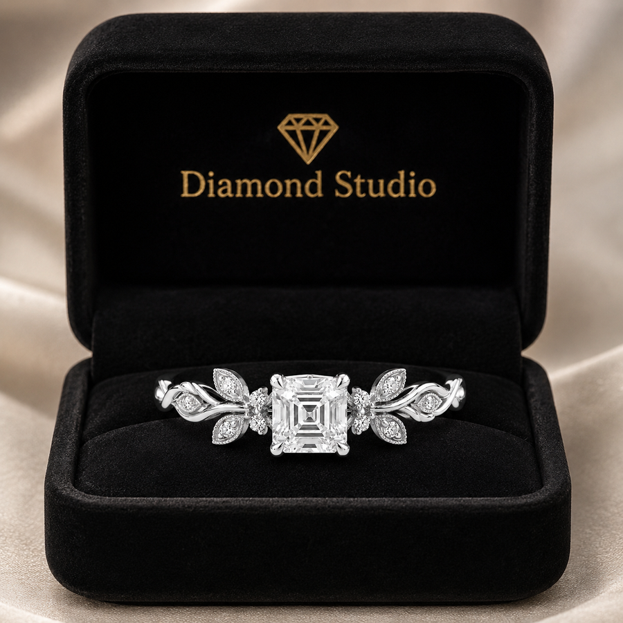 2.50 CT Asscher Cut Lab-Grown Diamond Engagement Ring in 14K White Gold – Nature Inspired Round Brilliant Side Stone Design | IGI Certified