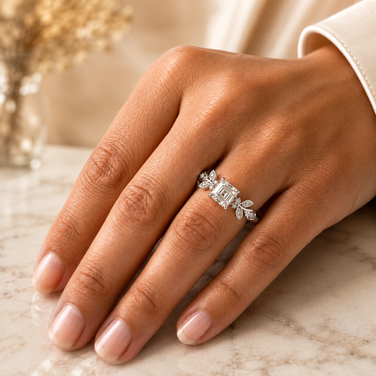 2.50 CT Asscher Cut Lab-Grown Diamond Engagement Ring in 14K White Gold – Nature Inspired Round Brilliant Side Stone Design | IGI Certified