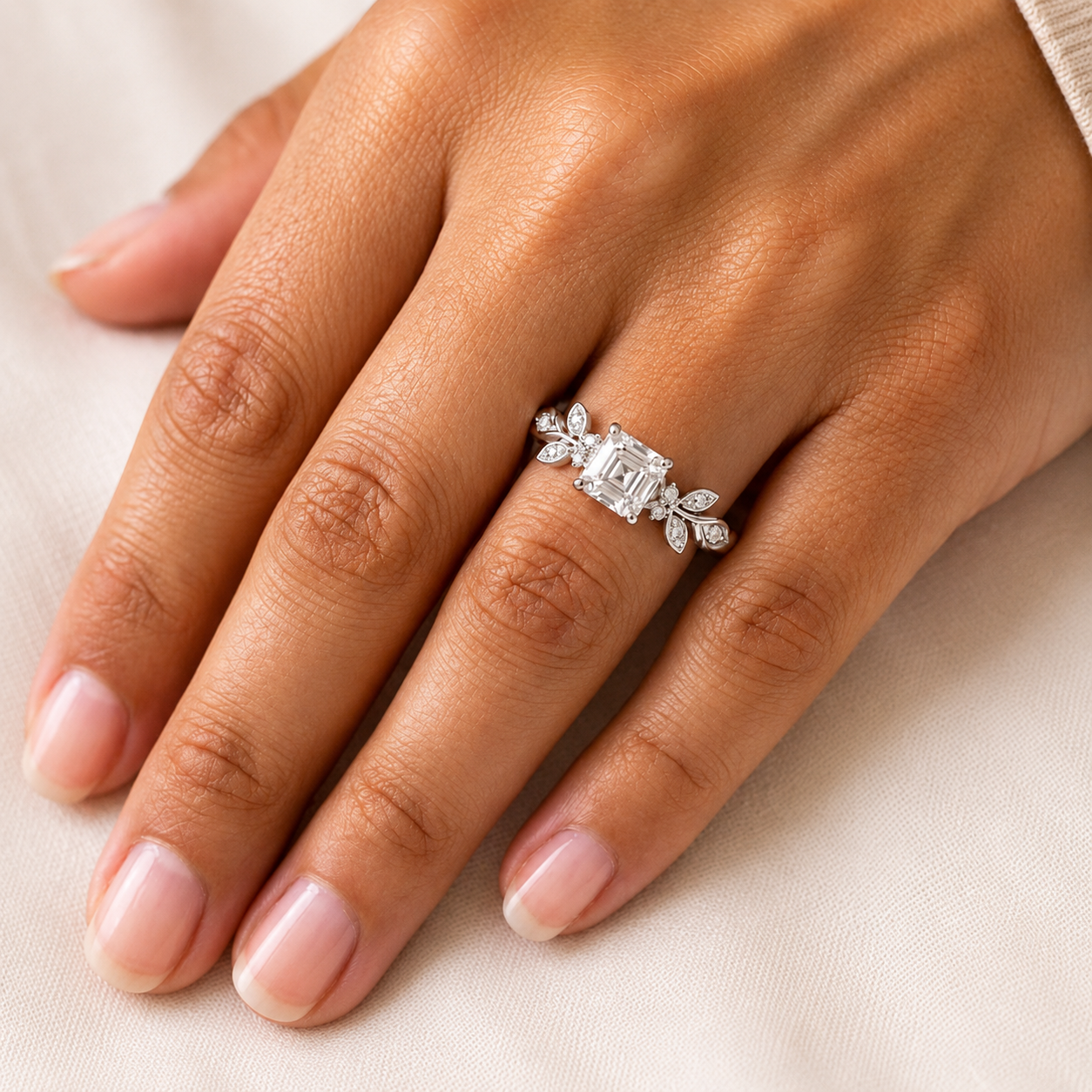 2.50 CT Asscher Cut Lab-Grown Diamond Engagement Ring in 14K White Gold – Nature Inspired Round Brilliant Side Stone Design | IGI Certified