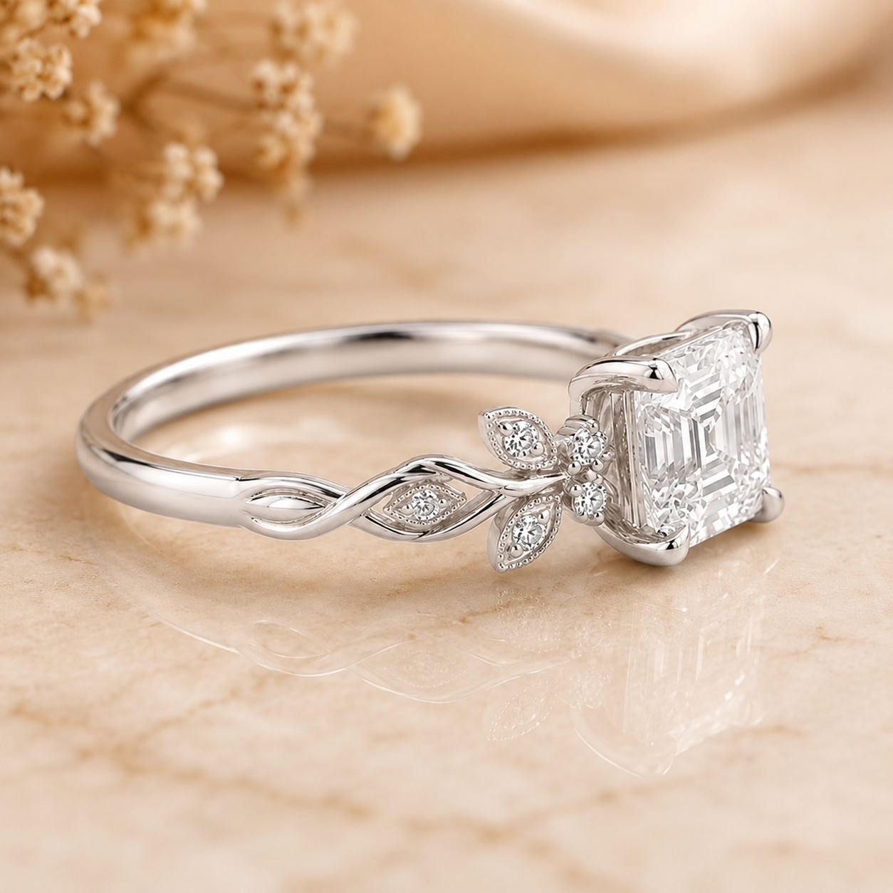 2.50 CT Asscher Cut Lab-Grown Diamond Engagement Ring in 14K White Gold – Nature Inspired Round Brilliant Side Stone Design | IGI Certified
