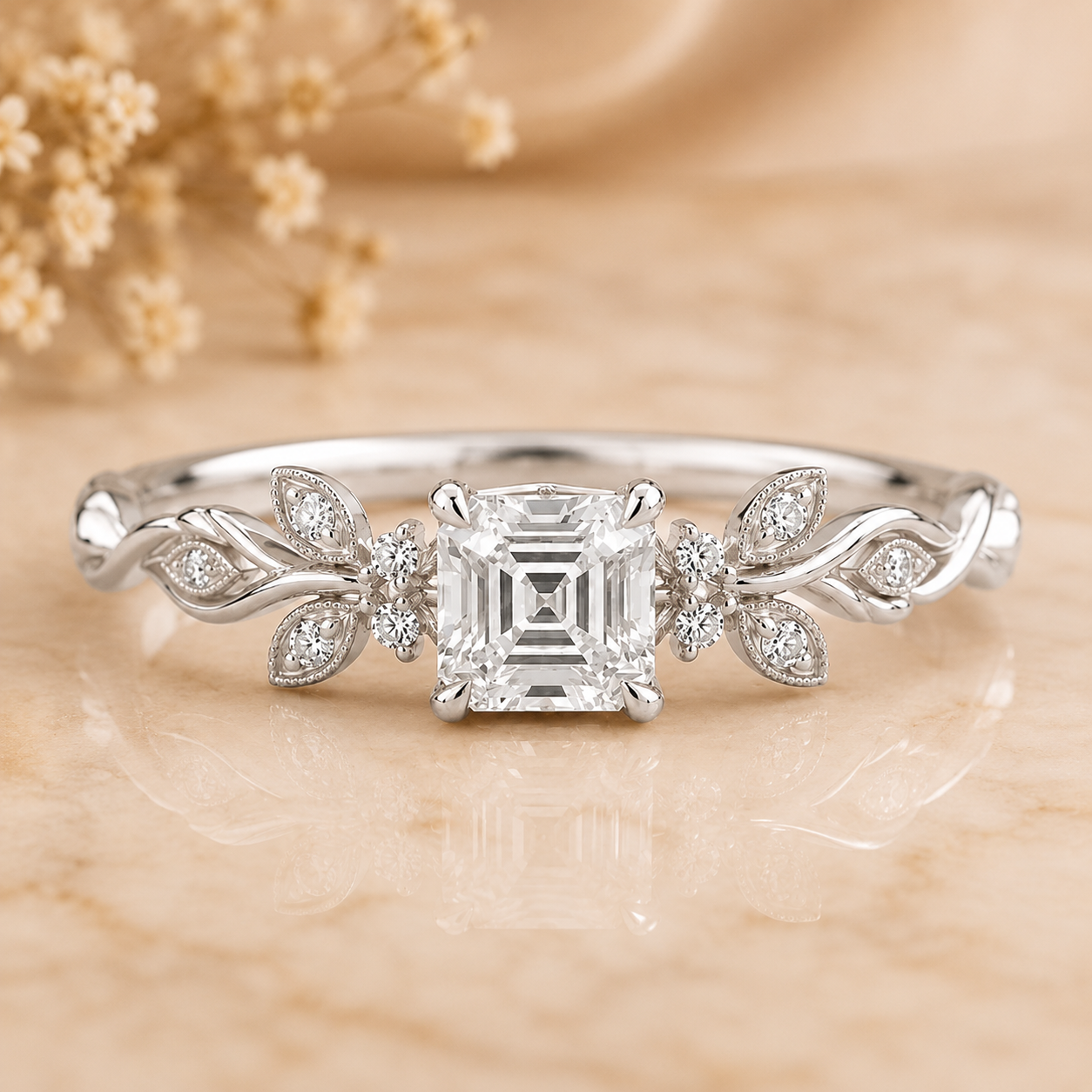 2.50 CT Asscher Cut Lab-Grown Diamond Engagement Ring in 14K White Gold – Nature Inspired Round Brilliant Side Stone Design | IGI Certified