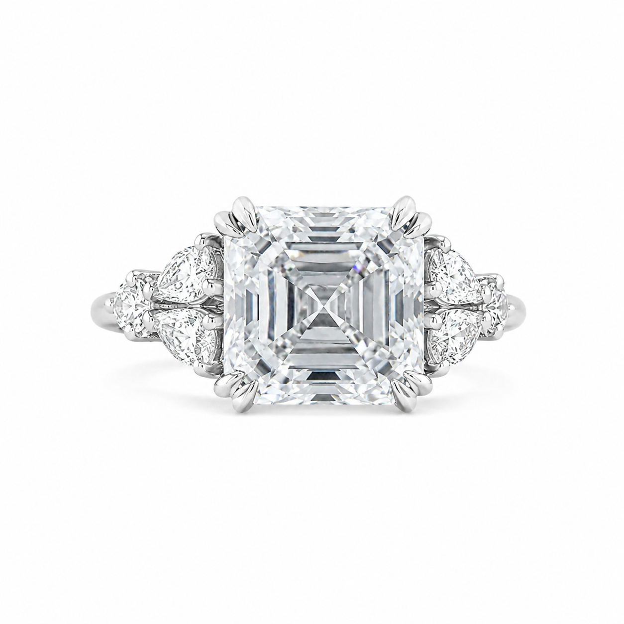 4.00 CT Asscher Cut Lab-Grown Diamond Engagement Ring in 14K White Gold – Side Stone Wedding Band Design