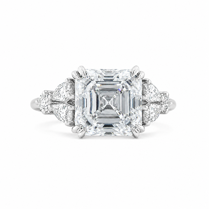 4.00 CT Asscher Cut Lab-Grown Diamond Engagement Ring in White Gold – Side Stone Wedding Band Design