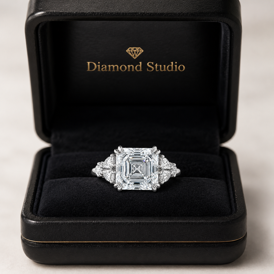 4.00 CT Asscher Cut Lab-Grown Diamond Engagement Ring in 14K White Gold – Side Stone Wedding Band Design