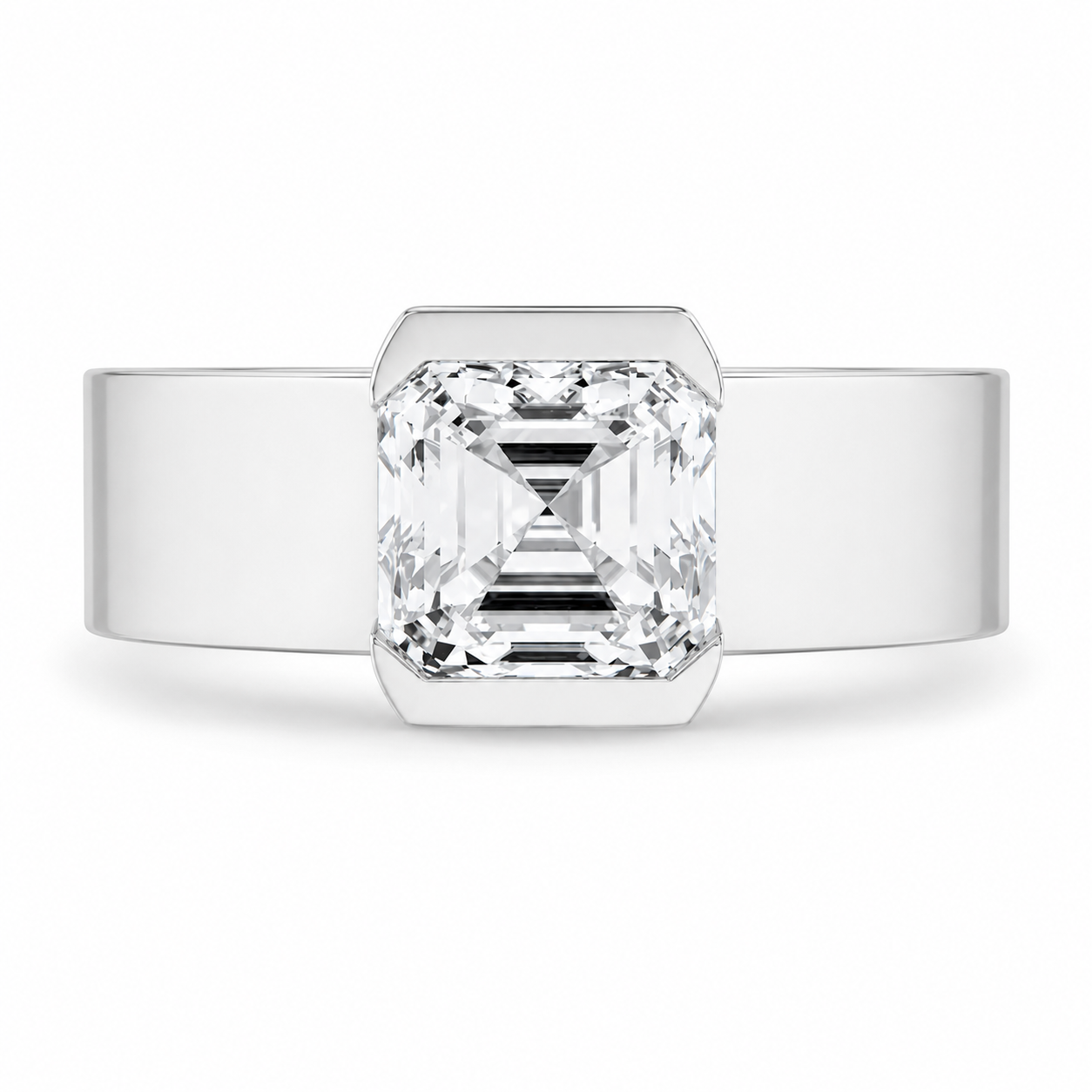 2.00 CT Asscher Cut Lab-Grown Diamond Solitaire Engagement Ring in 14K White Gold – Bezel Set Wide Band Design