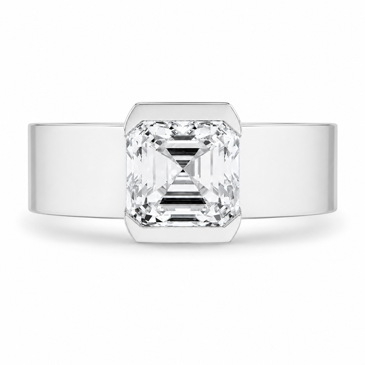 2.00 CT Asscher Cut Lab-Grown Diamond Solitaire Engagement Ring in White Gold – Bezel Set Wide Band Design