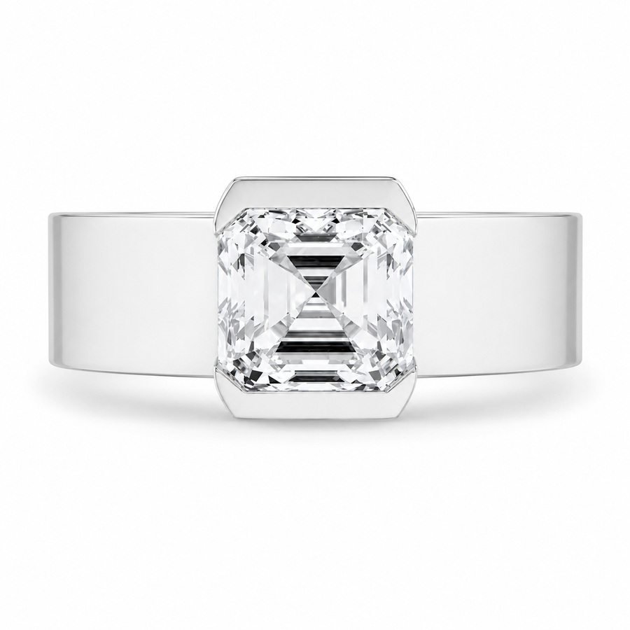 2.00 CT Asscher Cut Lab-Grown Diamond Solitaire Engagement Ring in 14K White Gold – Bezel Set Wide Band Design
