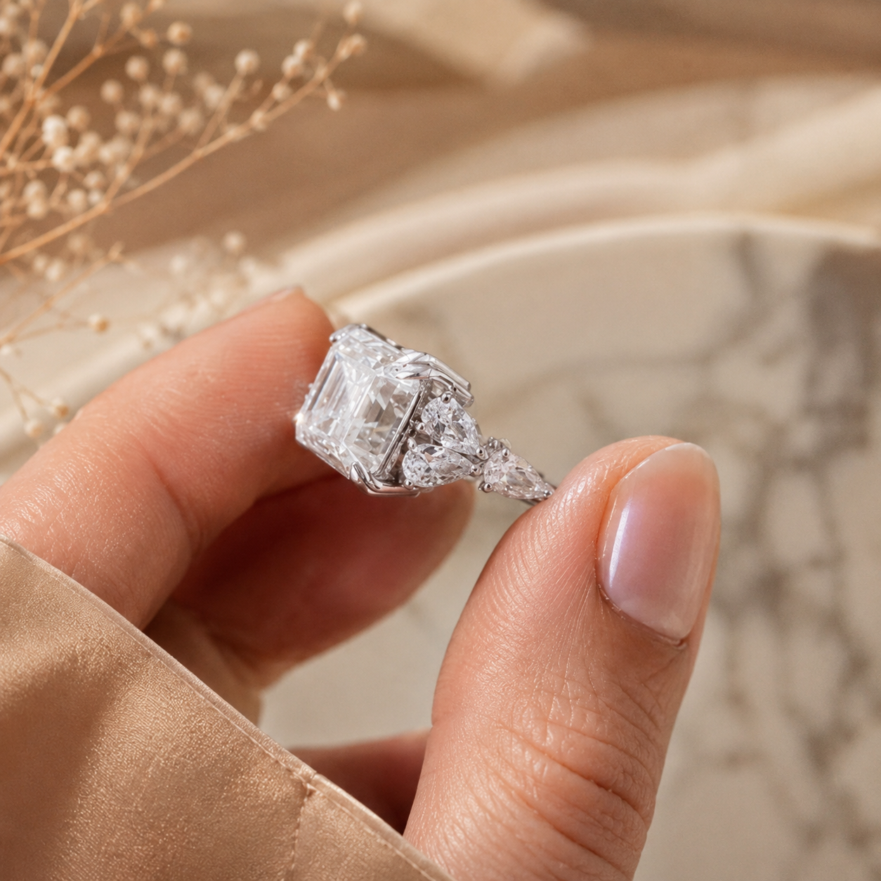 4.00 CT Asscher Cut Lab-Grown Diamond Engagement Ring in 14K White Gold – Side Stone Wedding Band Design