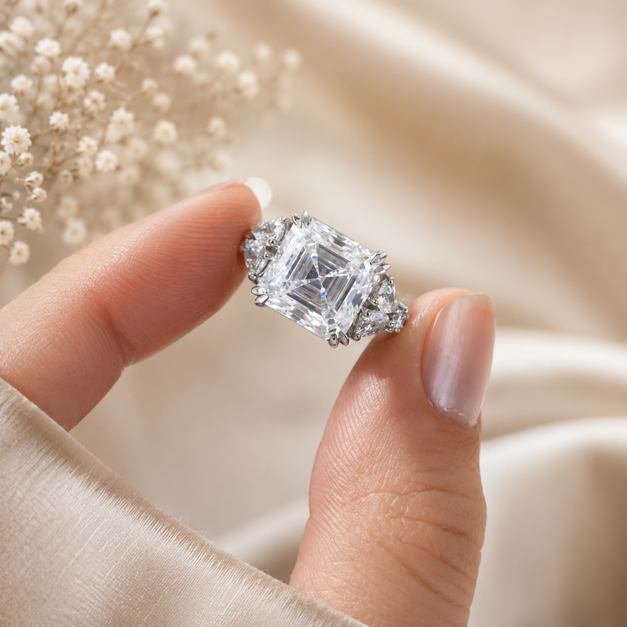 4.00 CT Asscher Cut Lab-Grown Diamond Engagement Ring in 14K White Gold – Side Stone Wedding Band Design