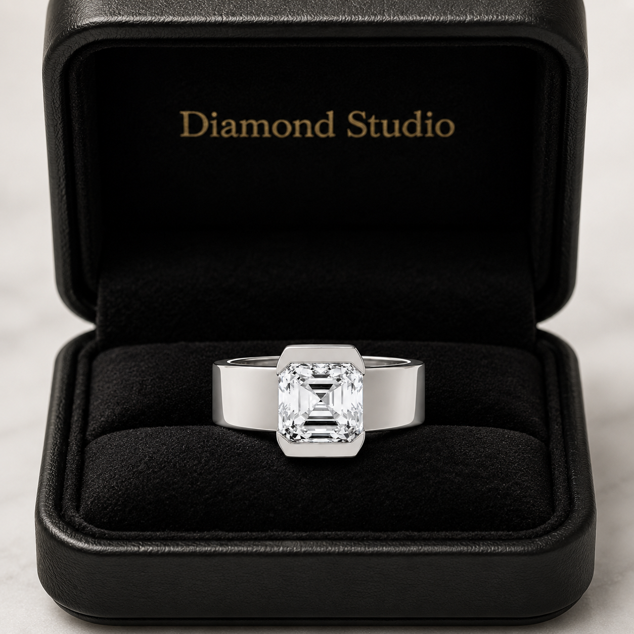 2.00 CT Asscher Cut Lab-Grown Diamond Solitaire Engagement Ring in 14K White Gold – Bezel Set Wide Band Design