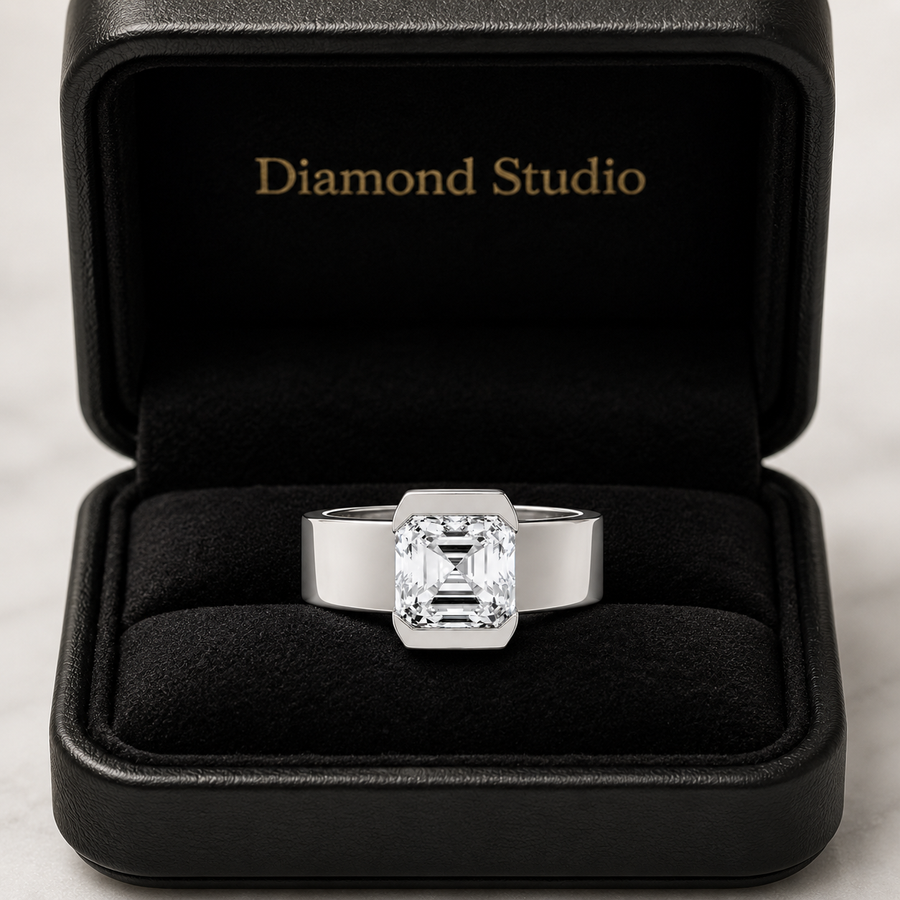 2.00 CT Asscher Cut Lab-Grown Diamond Solitaire Engagement Ring in 14K White Gold – Bezel Set Wide Band Design