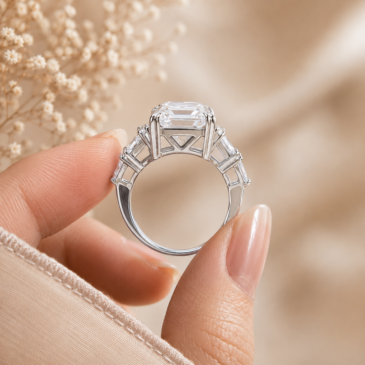 4.00 CT Asscher Cut Lab-Grown Diamond Engagement Ring in 14K White Gold – Side Stone Wedding Band Design