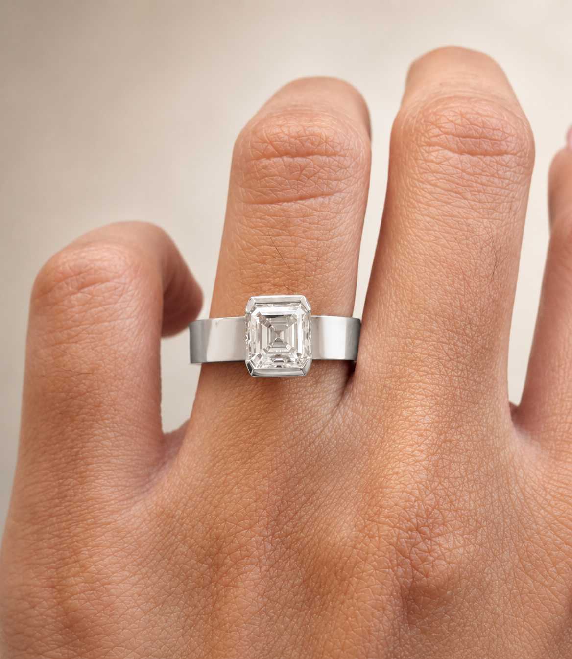 2.00 CT Asscher Cut Lab-Grown Diamond Solitaire Engagement Ring in 14K White Gold – Bezel Set Wide Band Design