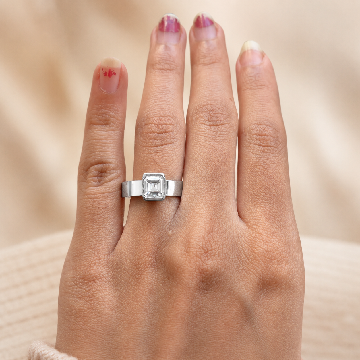 2.00 CT Asscher Cut Lab-Grown Diamond Solitaire Engagement Ring in 14K White Gold – Bezel Set Wide Band Design
