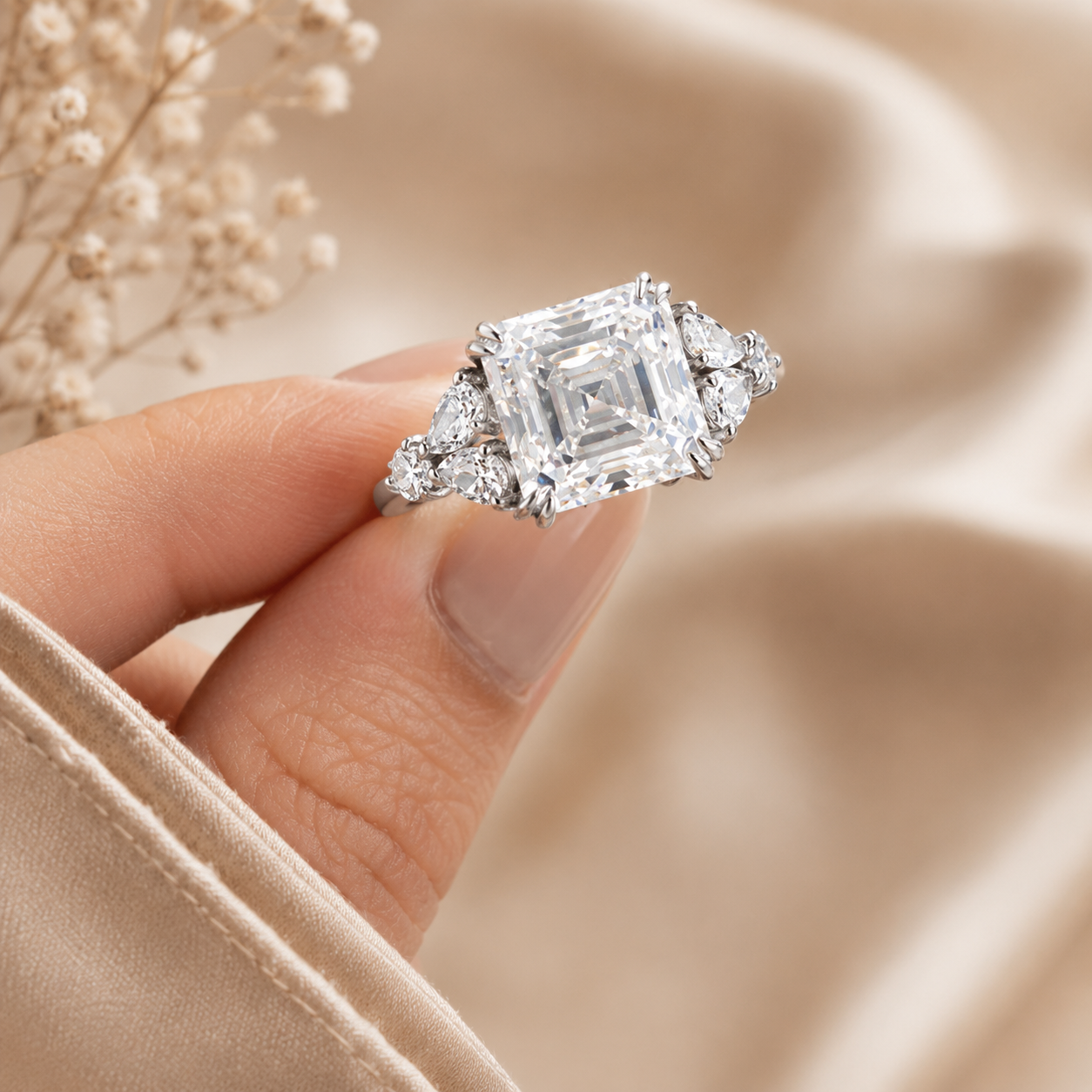 4.00 CT Asscher Cut Lab-Grown Diamond Engagement Ring in 14K White Gold – Side Stone Wedding Band Design