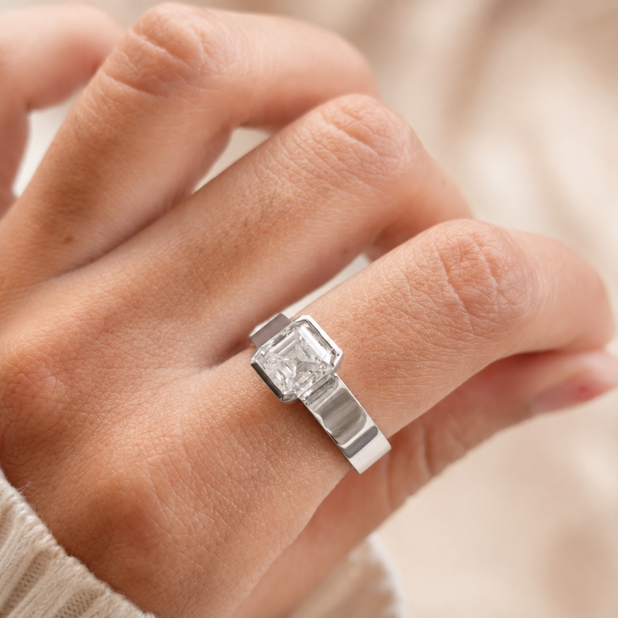 2.00 CT Asscher Cut Lab-Grown Diamond Solitaire Engagement Ring in 14K White Gold – Bezel Set Wide Band Design