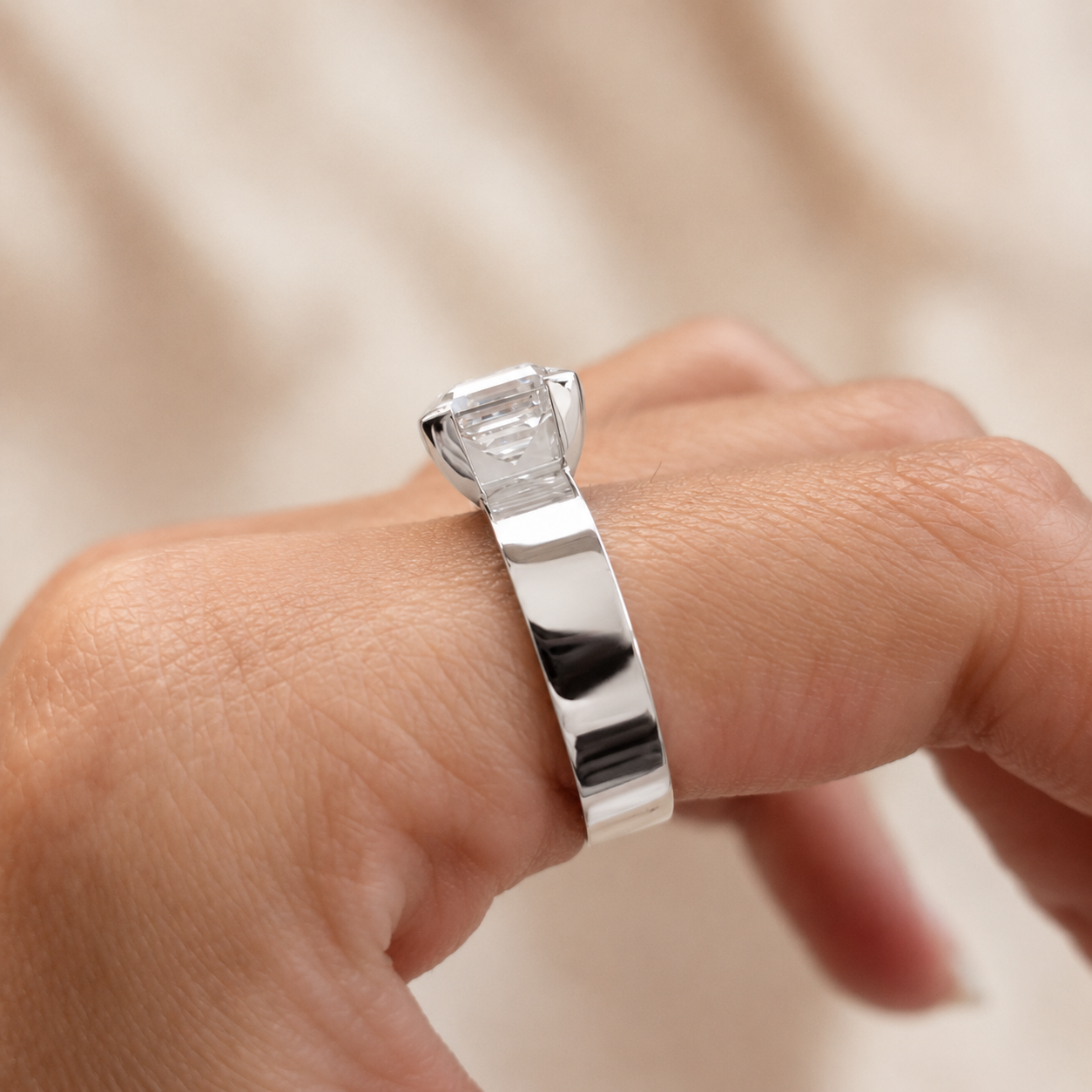 2.00 CT Asscher Cut Lab-Grown Diamond Solitaire Engagement Ring in 14K White Gold – Bezel Set Wide Band Design