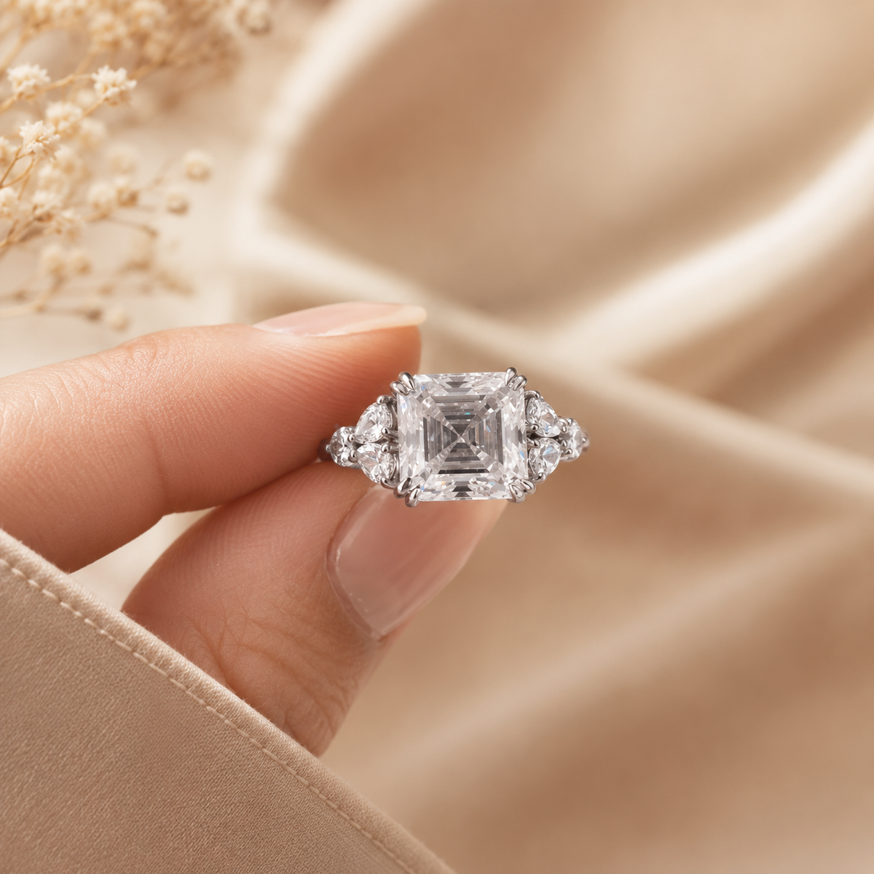 4.00 CT Asscher Cut Lab-Grown Diamond Engagement Ring in 14K White Gold – Side Stone Wedding Band Design