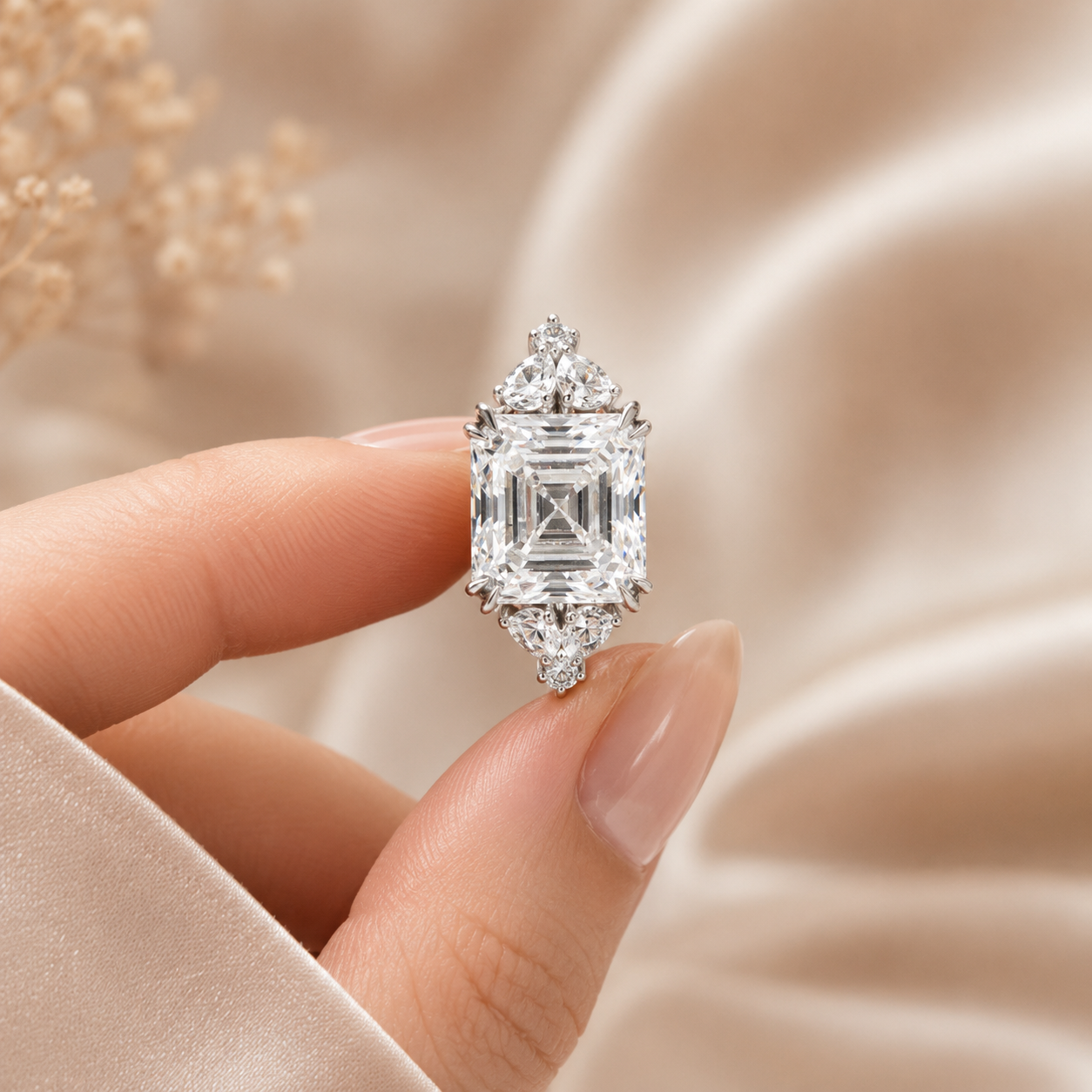 4.00 CT Asscher Cut Lab-Grown Diamond Engagement Ring in 14K White Gold – Side Stone Wedding Band Design