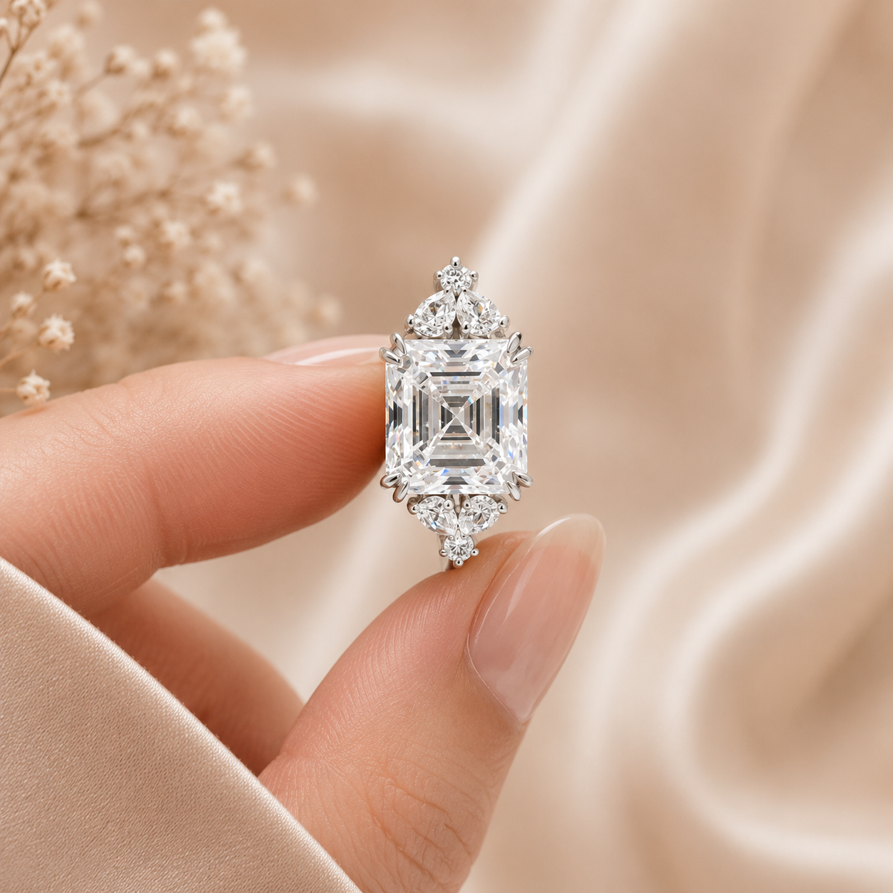 4.00 CT Asscher Cut Lab-Grown Diamond Engagement Ring in 14K White Gold – Side Stone Wedding Band Design
