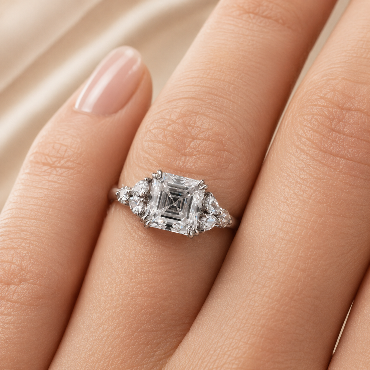 4.00 CT Asscher Cut Lab-Grown Diamond Engagement Ring in 14K White Gold – Side Stone Wedding Band Design