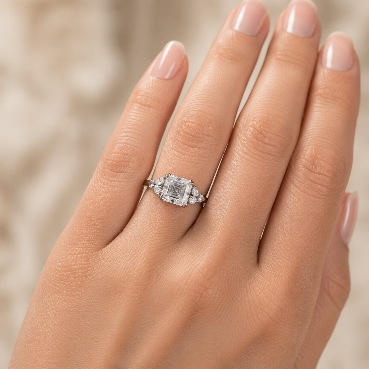 4.00 CT Asscher Cut Lab-Grown Diamond Engagement Ring in 14K White Gold – Side Stone Wedding Band Design