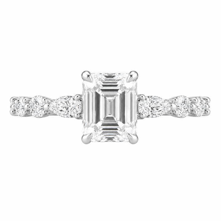 3.00 CT Asscher Cut Lab-Grown Diamond Three Stone Engagement Ring in White Gold – Marquise & Round Side Stone Design