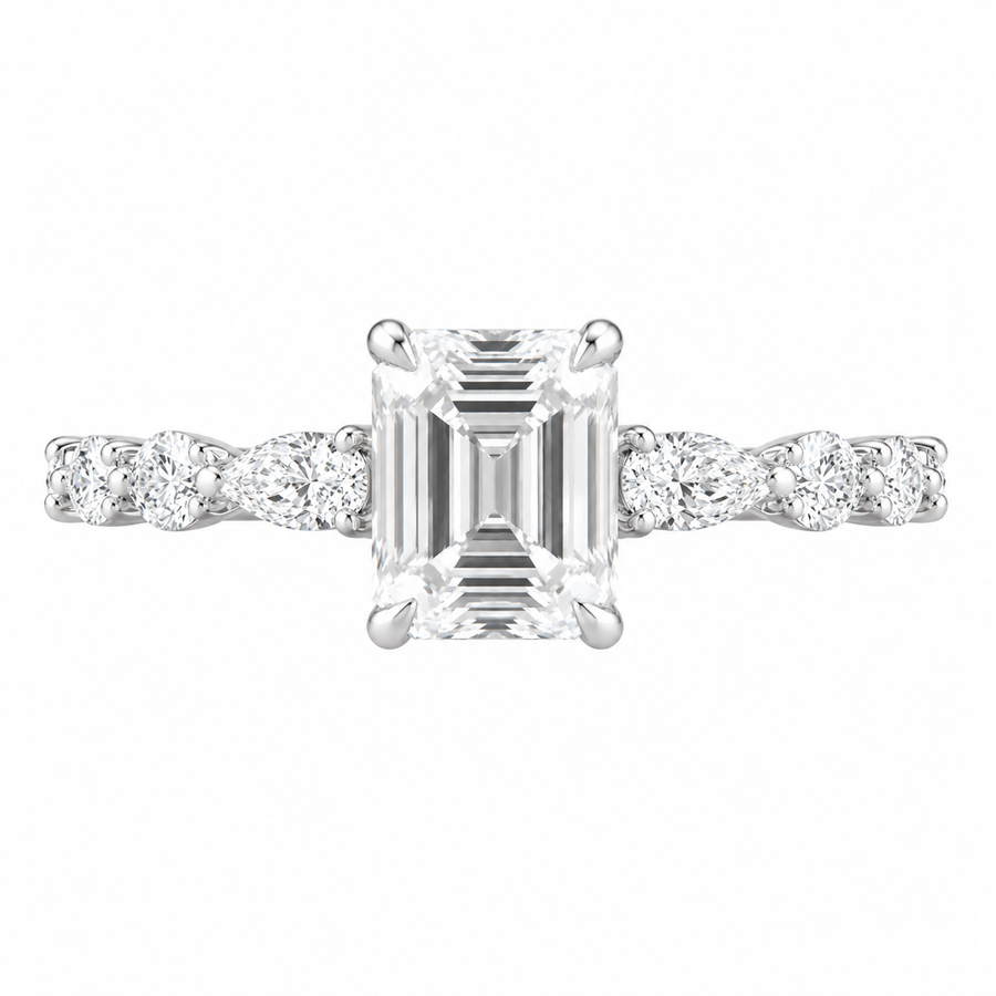 3.00 CT Asscher Cut Lab-Grown Diamond Three Stone Engagement Ring in 14K White Gold – Marquise & Round Side Stone Design