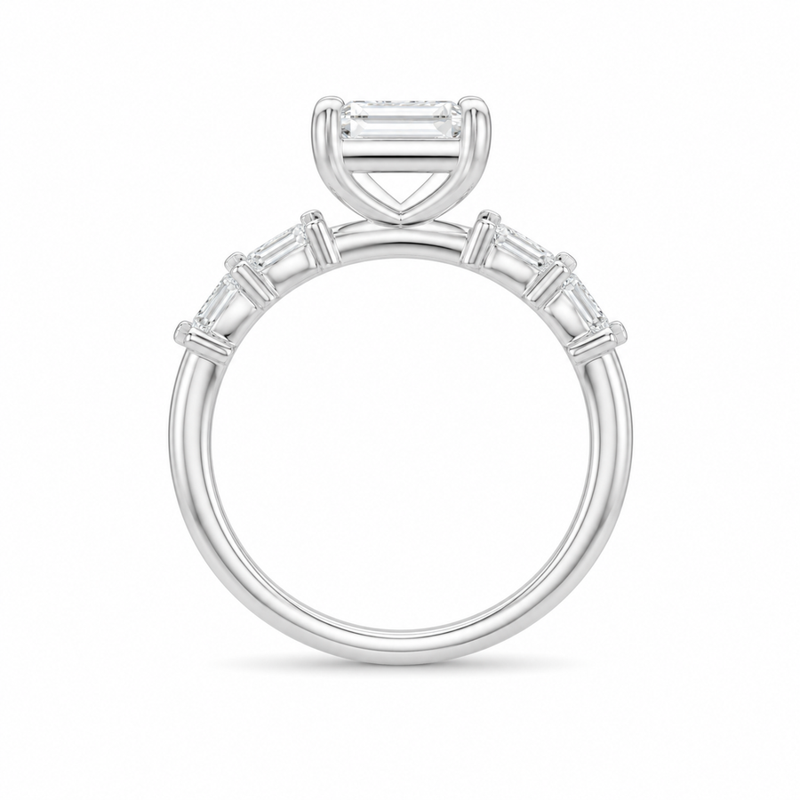 3.00 CT Asscher Cut Lab-Grown Diamond Three Stone Engagement Ring in 14K White Gold – Marquise & Round Side Stone Design