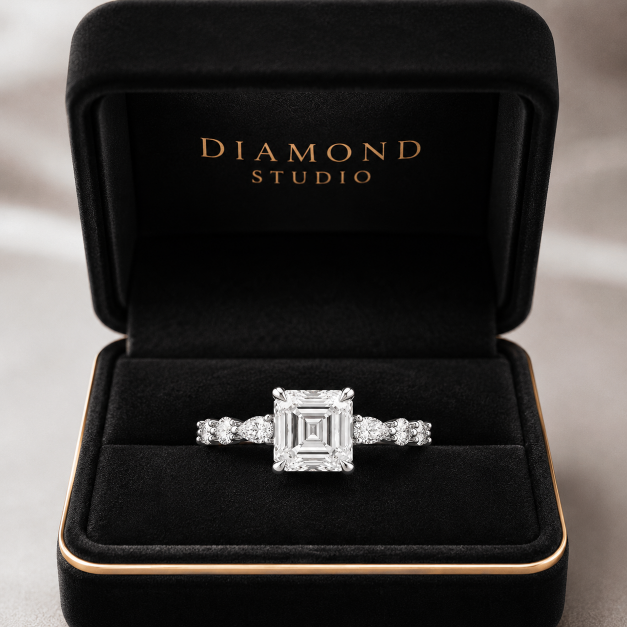 3.00 CT Asscher Cut Lab-Grown Diamond Three Stone Engagement Ring in 14K White Gold – Marquise & Round Side Stone Design