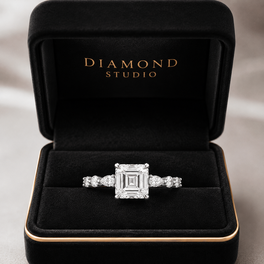 3.00 CT Asscher Cut Lab-Grown Diamond Three Stone Engagement Ring in 14K White Gold – Marquise & Round Side Stone Design