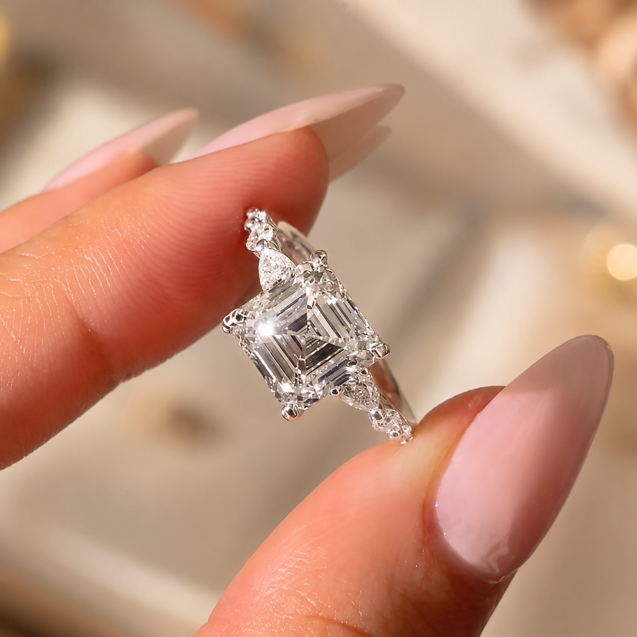 3.00 CT Asscher Cut Lab-Grown Diamond Three Stone Engagement Ring in 14K White Gold – Marquise & Round Side Stone Design