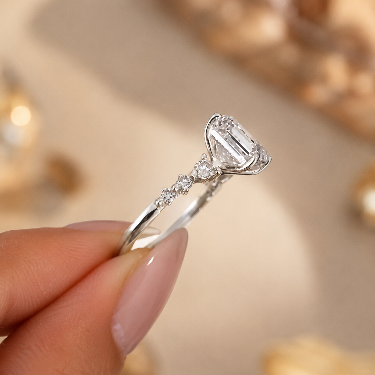 3.00 CT Asscher Cut Lab-Grown Diamond Three Stone Engagement Ring in 14K White Gold – Marquise & Round Side Stone Design