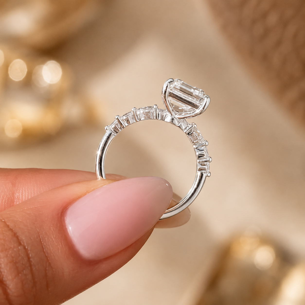 3.00 CT Asscher Cut Lab-Grown Diamond Three Stone Engagement Ring in 14K White Gold – Marquise & Round Side Stone Design