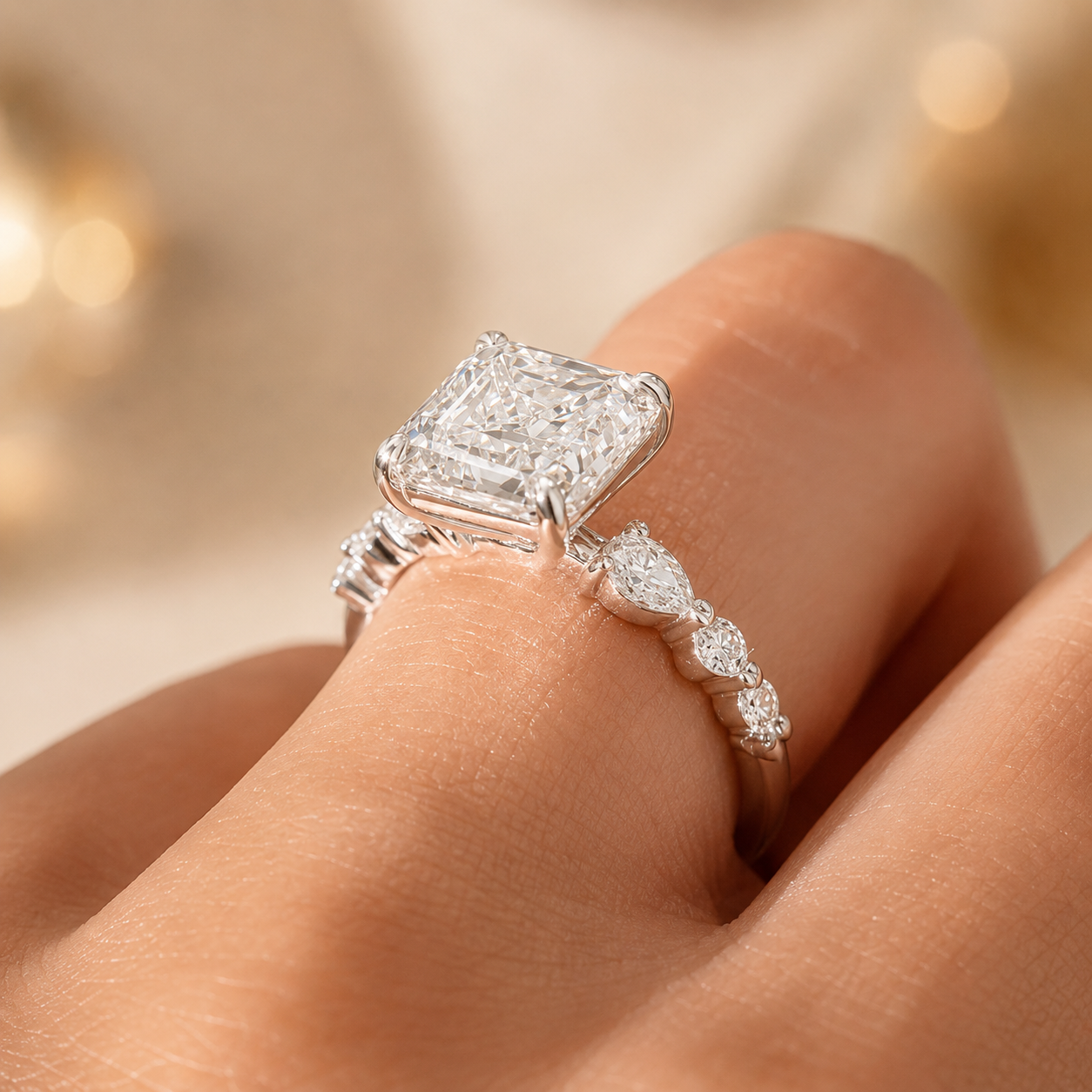 3.00 CT Asscher Cut Lab-Grown Diamond Three Stone Engagement Ring in 14K White Gold – Marquise & Round Side Stone Design
