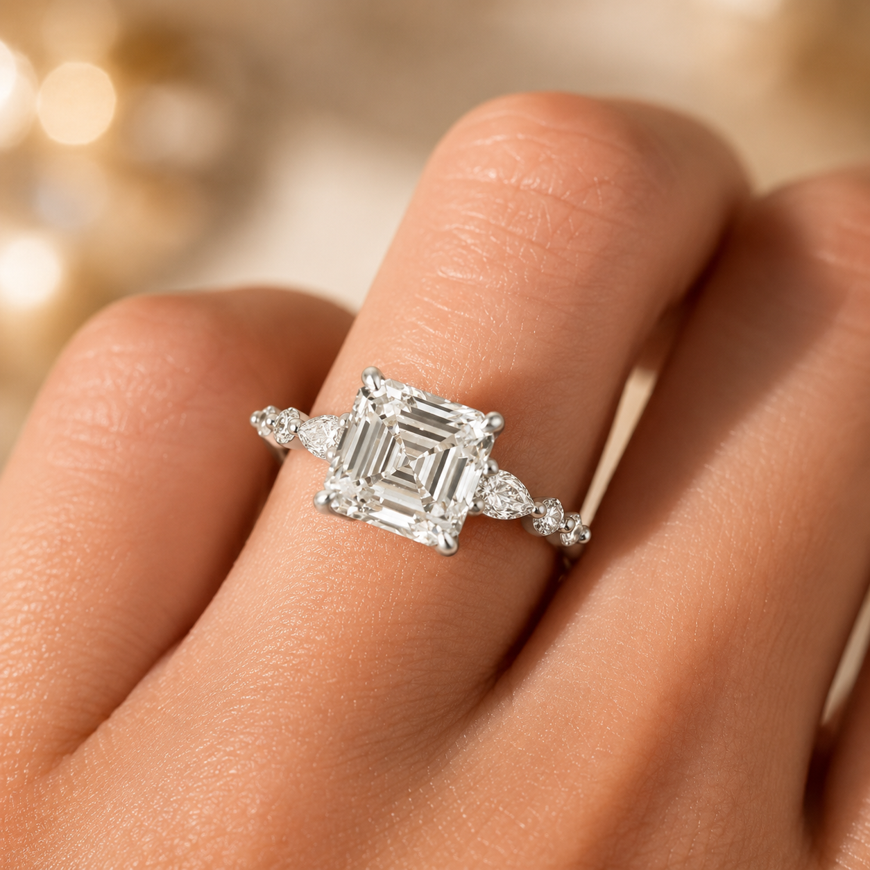 3.00 CT Asscher Cut Lab-Grown Diamond Three Stone Engagement Ring in 14K White Gold – Marquise & Round Side Stone Design