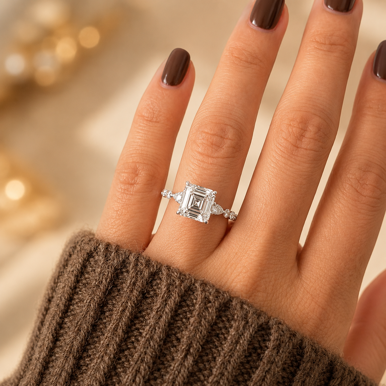 3.00 CT Asscher Cut Lab-Grown Diamond Three Stone Engagement Ring in 14K White Gold – Marquise & Round Side Stone Design