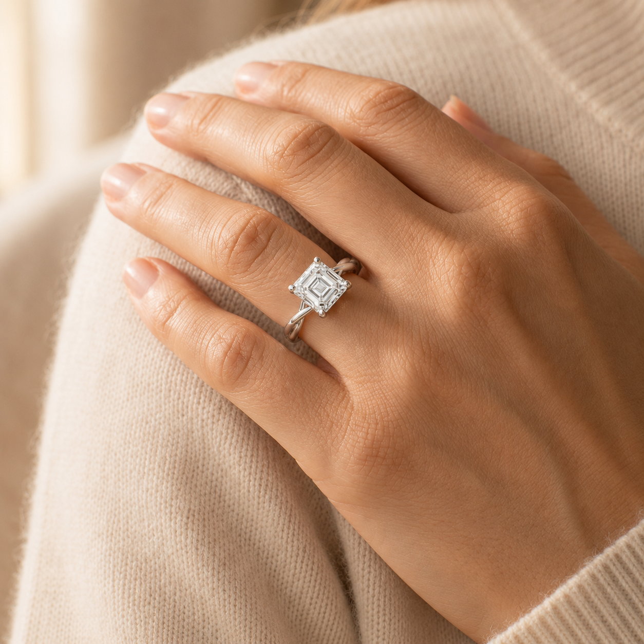 1.50 CT Asscher Cut Lab-Grown Diamond Hidden Halo Solitaire Engagement Ring in 14K White Gold – Minimalist Design