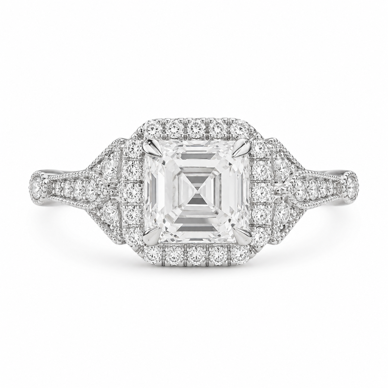 3.50 CT Asscher Cut Lab-Grown Diamond Engagement Ring in 14K White Gold – Round Side Stone Luxury Bridal Design