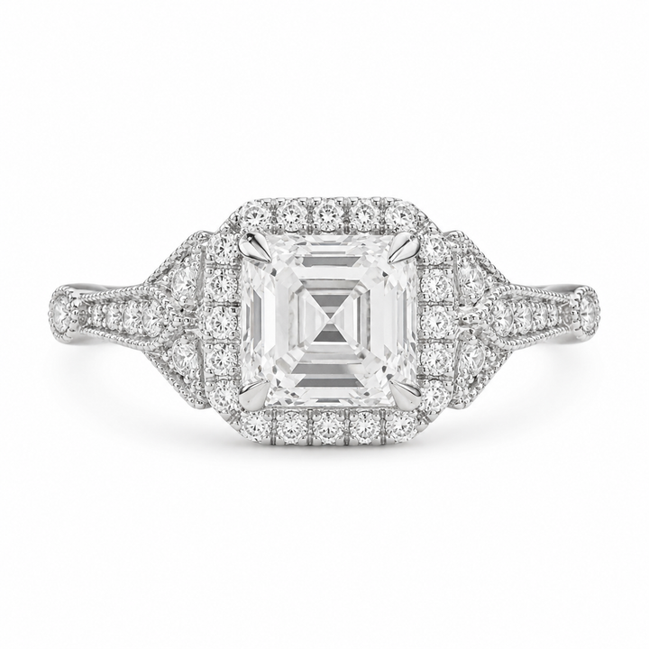 3.50 CT Asscher Cut Lab-Grown Diamond Engagement Ring in White Gold – Round Side Stone Luxury Bridal Design