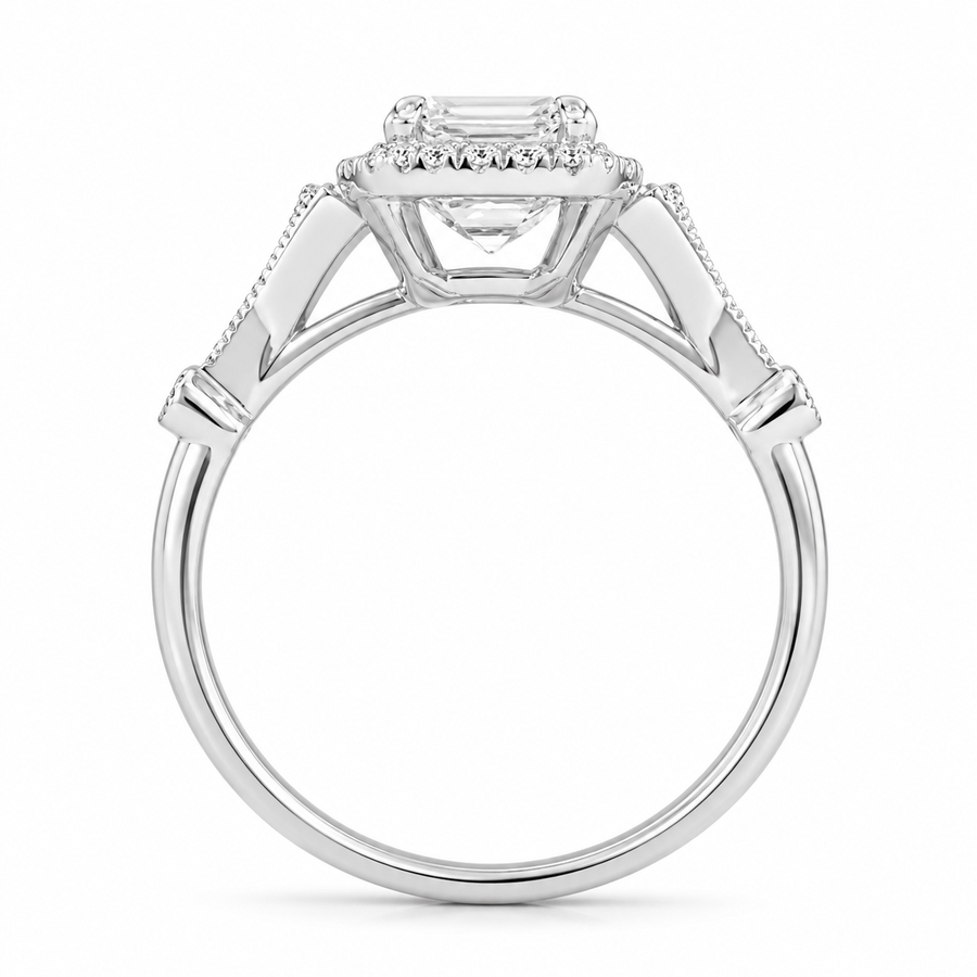 3.50 CT Asscher Cut Lab-Grown Diamond Engagement Ring in 14K White Gold – Round Side Stone Luxury Bridal Design