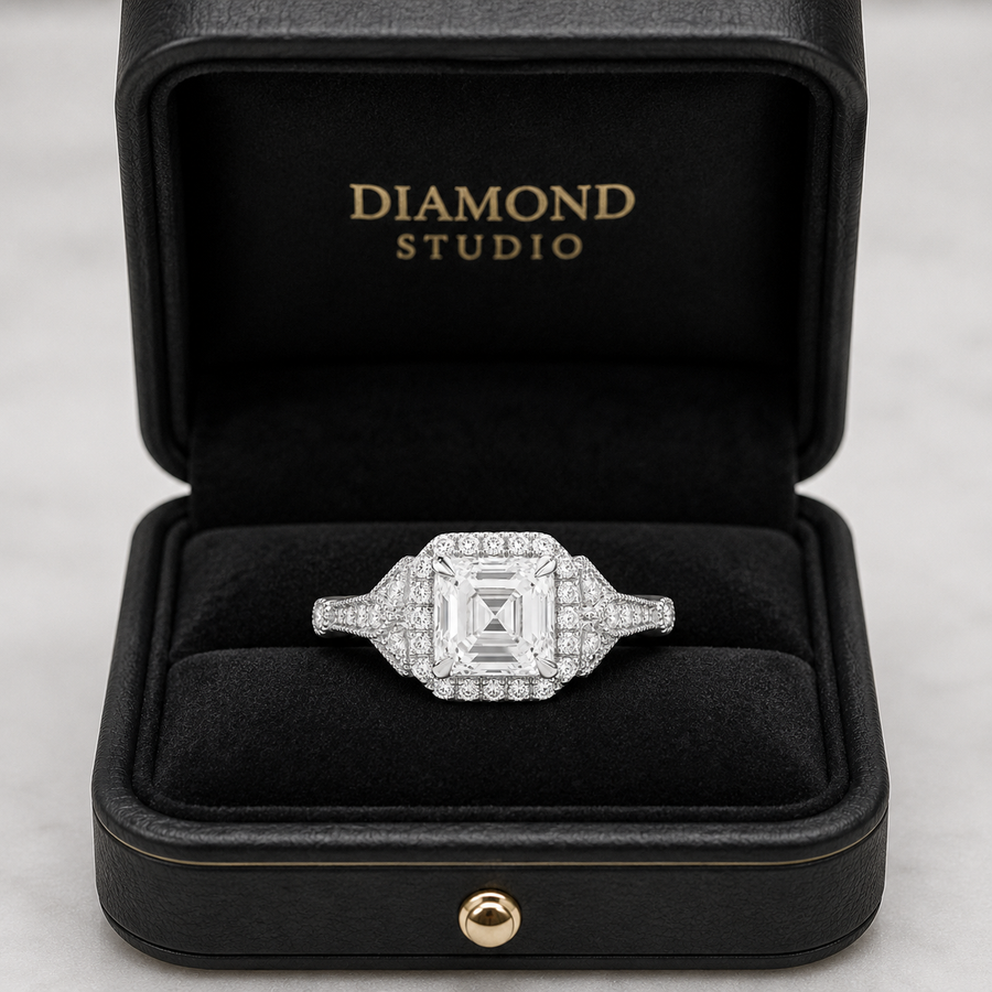 3.50 CT Asscher Cut Lab-Grown Diamond Engagement Ring in 14K White Gold – Round Side Stone Luxury Bridal Design