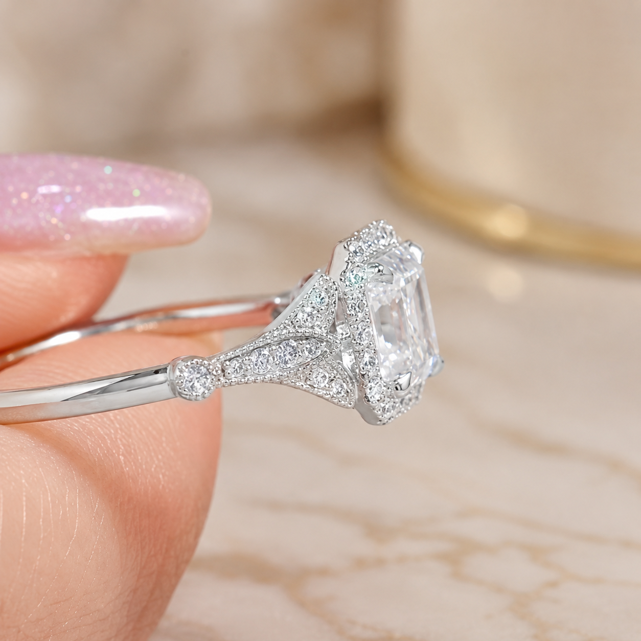 3.50 CT Asscher Cut Lab-Grown Diamond Engagement Ring in 14K White Gold – Round Side Stone Luxury Bridal Design
