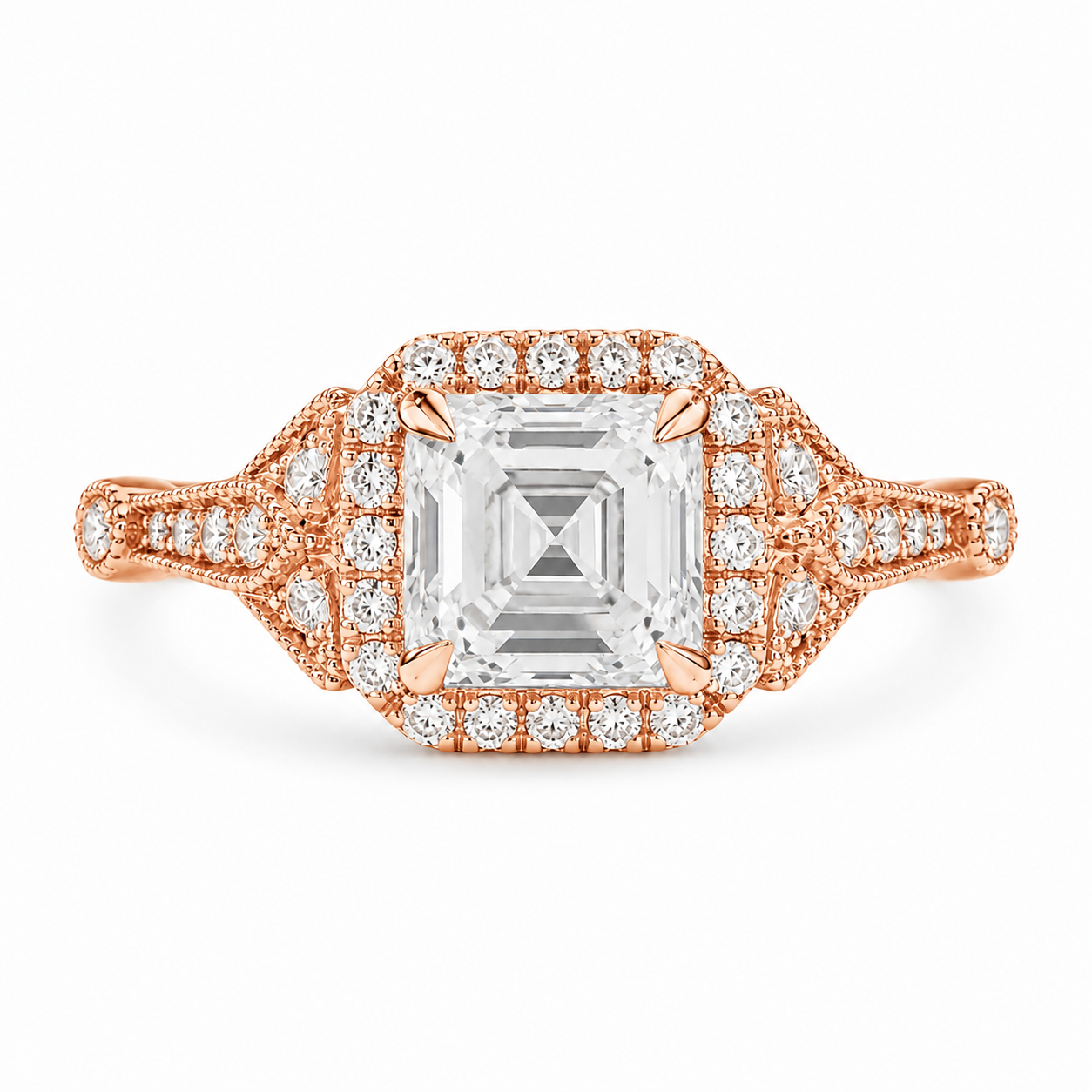 3.50 CT Asscher Cut Lab-Grown Diamond Engagement Ring in 14K White Gold – Round Side Stone Luxury Bridal Design