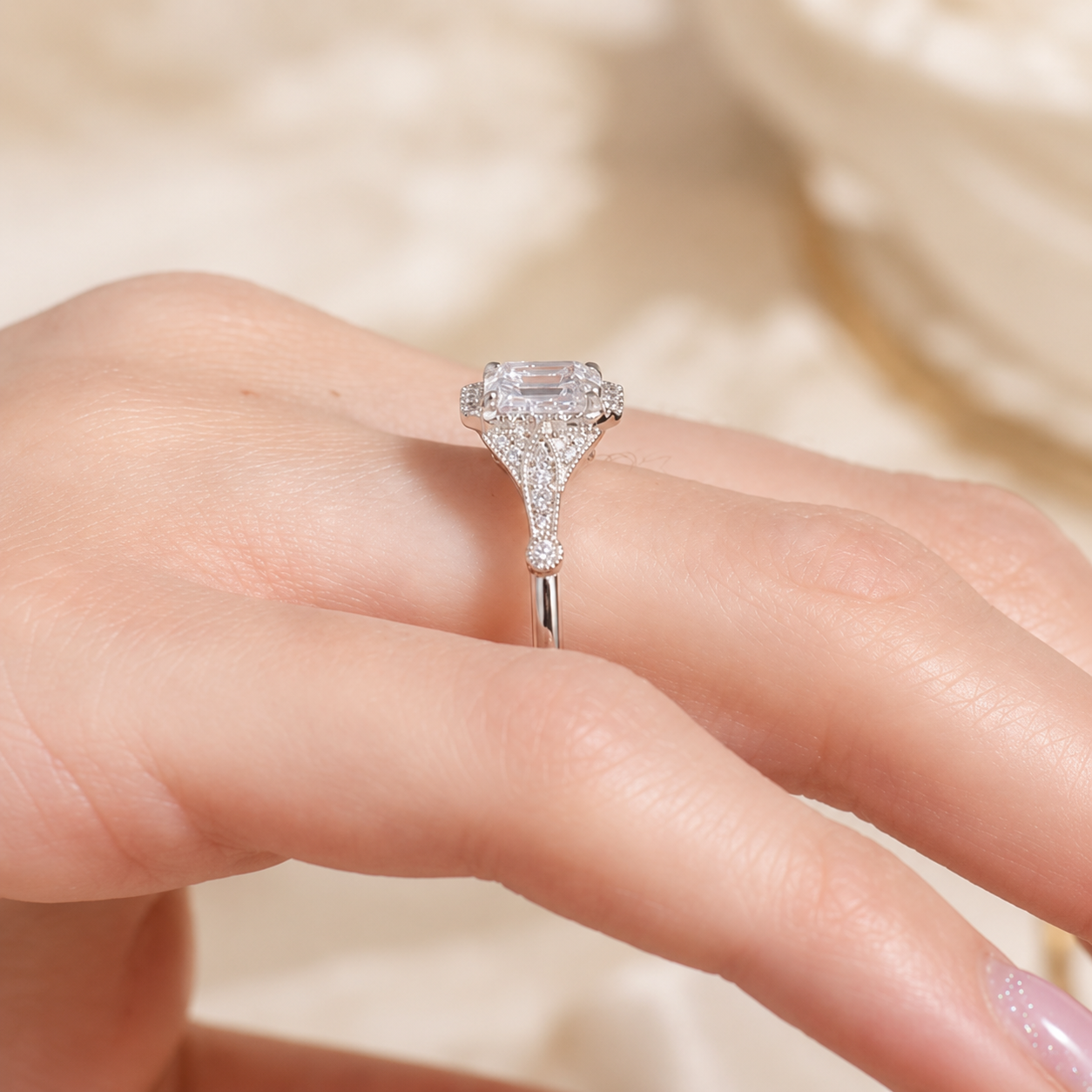 3.50 CT Asscher Cut Lab-Grown Diamond Engagement Ring in 14K White Gold – Round Side Stone Luxury Bridal Design