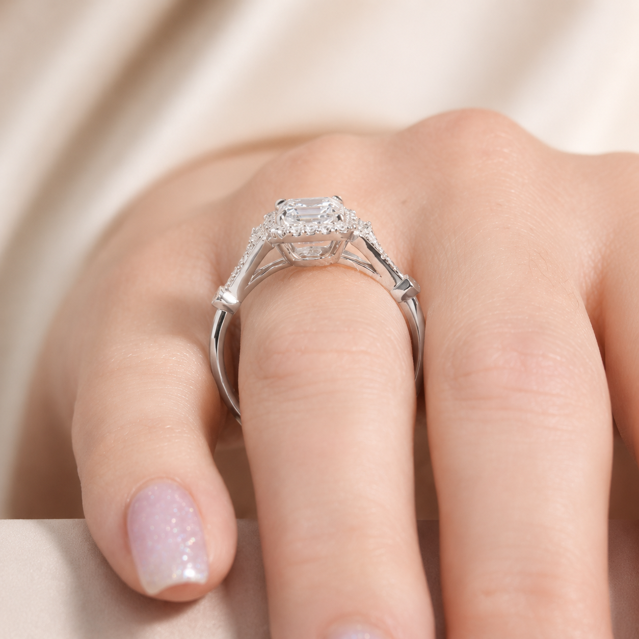 3.50 CT Asscher Cut Lab-Grown Diamond Engagement Ring in 14K White Gold – Round Side Stone Luxury Bridal Design