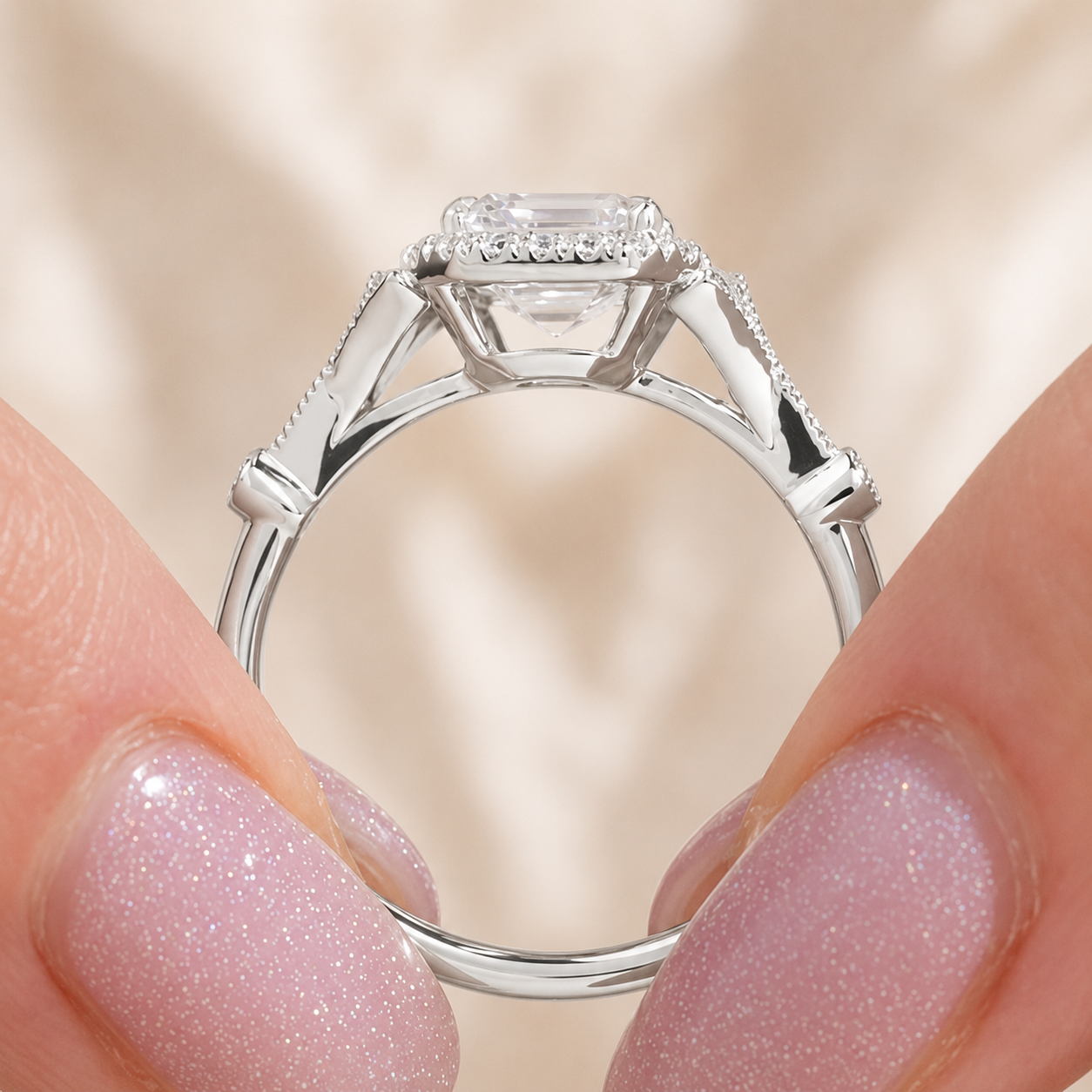 3.50 CT Asscher Cut Lab-Grown Diamond Engagement Ring in 14K White Gold – Round Side Stone Luxury Bridal Design