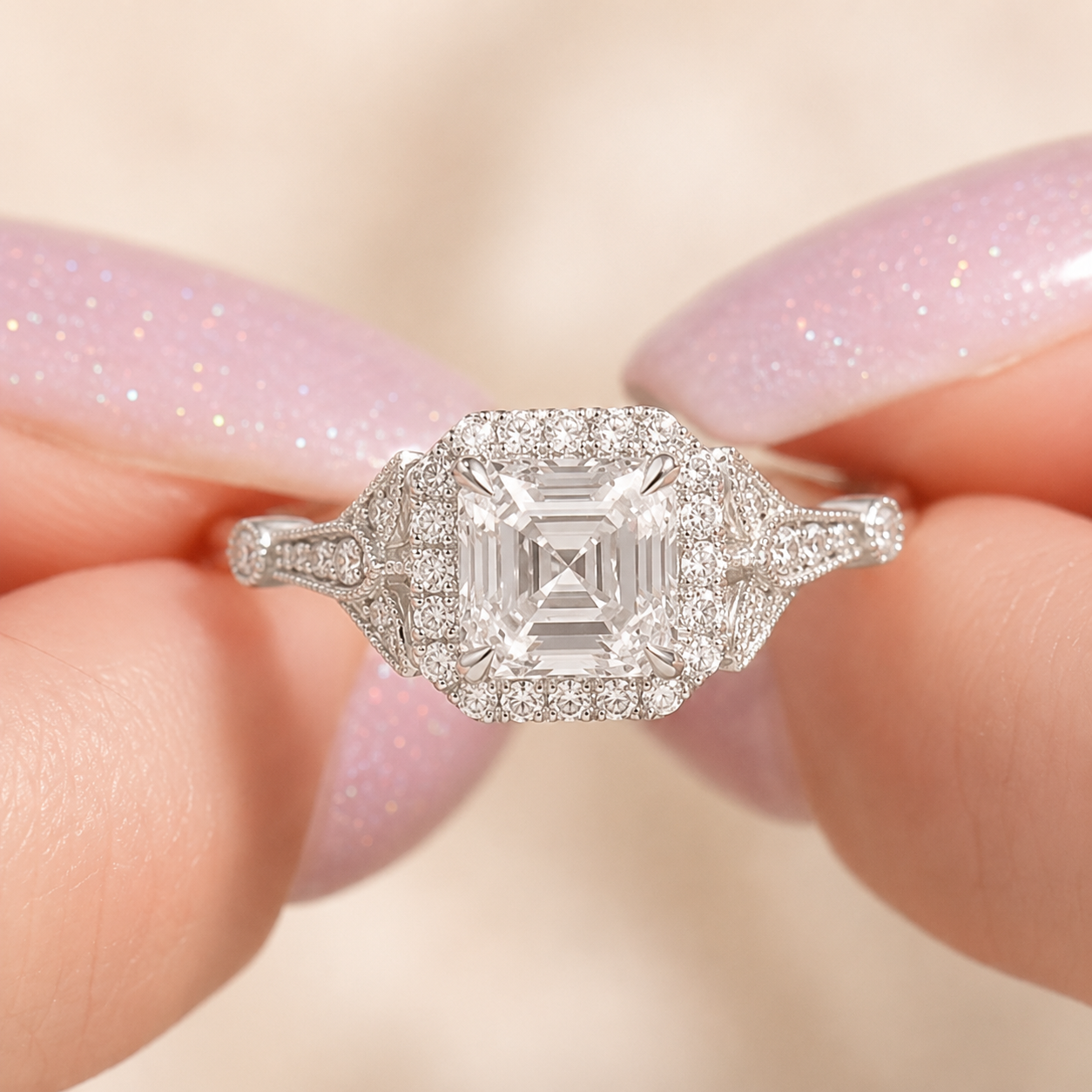 3.50 CT Asscher Cut Lab-Grown Diamond Engagement Ring in 14K White Gold – Round Side Stone Luxury Bridal Design