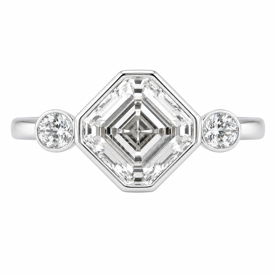 2.50 CT Asscher Cut Lab-Grown Diamond Engagement Ring in 14K White Gold – Round Accent Solitaire Design