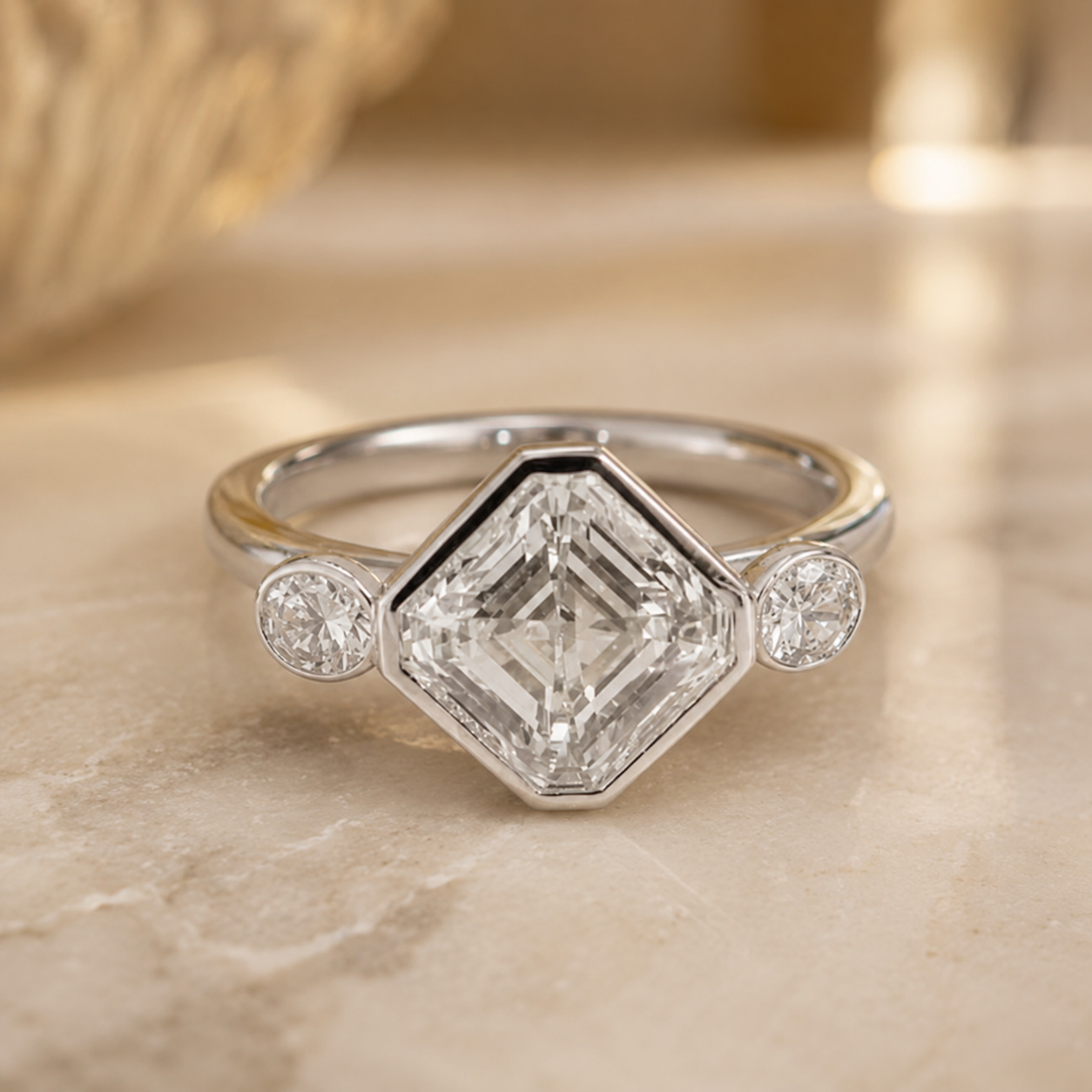 2.50 CT Asscher Cut Lab-Grown Diamond Engagement Ring in 14K White Gold – Round Accent Solitaire Design